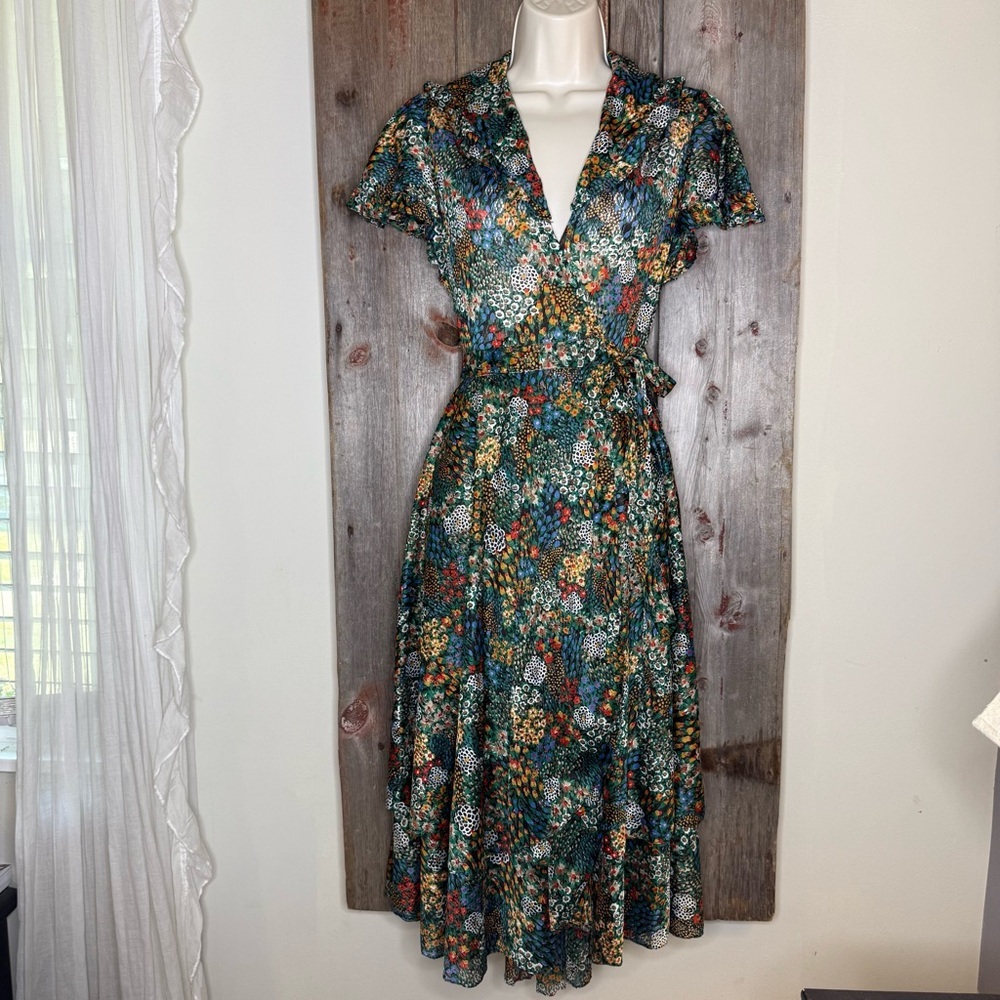 Vintage 70s Jody T of California Mesh Lace Black Floral Midi Wrap Dress size 7